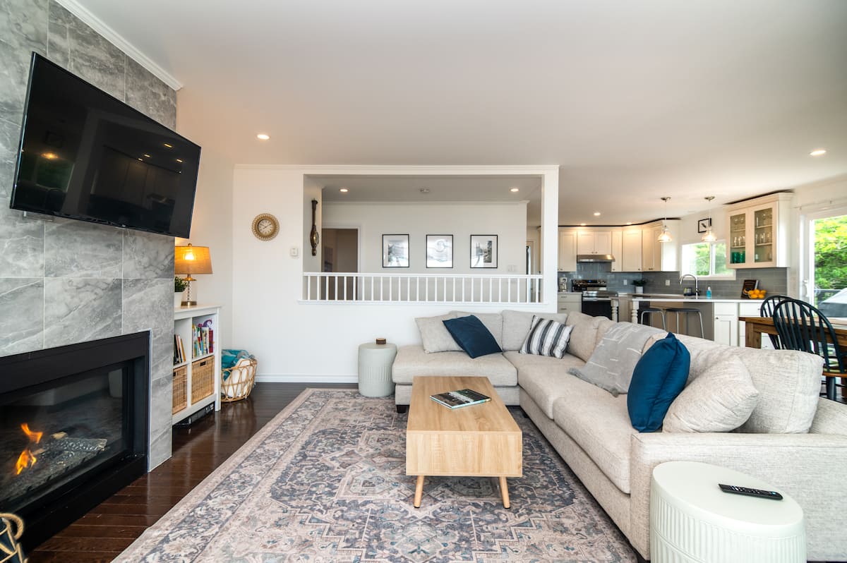 Living room with gas fireplace, TV, and bookshelf